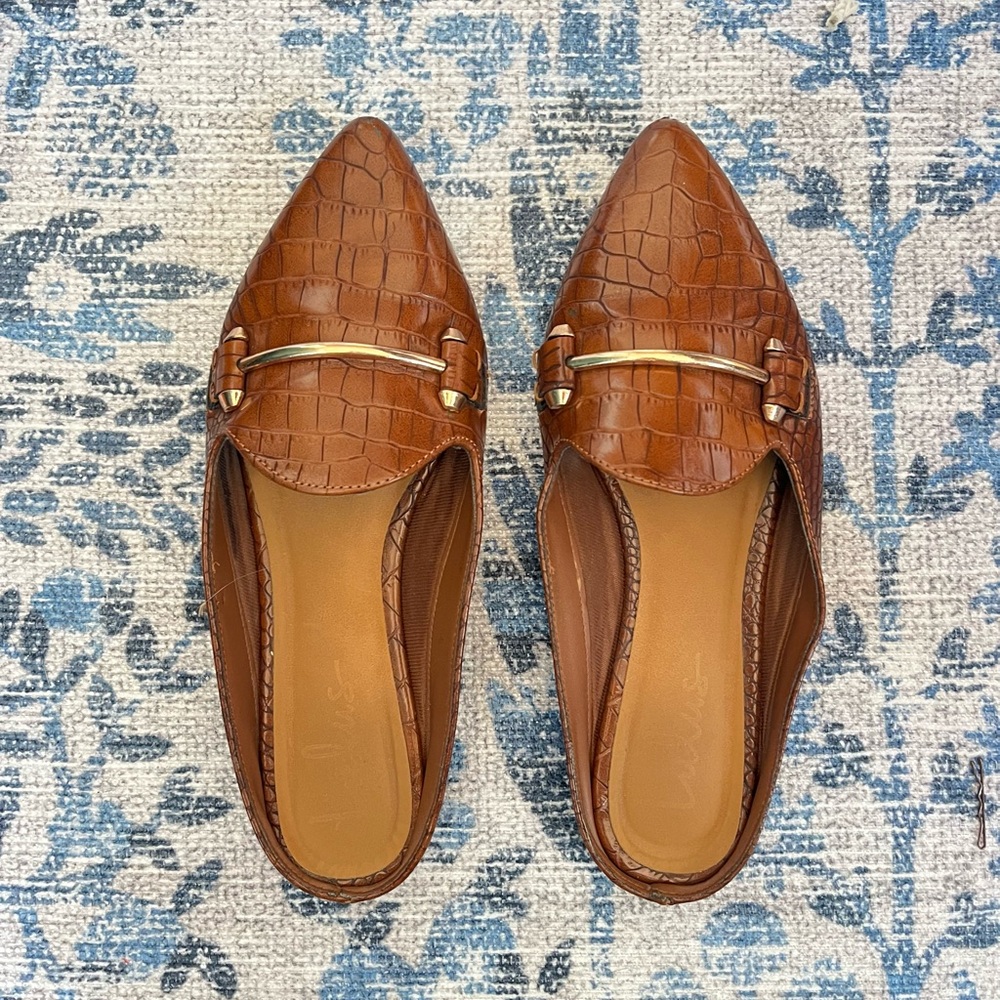 Lulu’s Brown Crocodile Pointed Toe Mule Flats with Gold Buckle